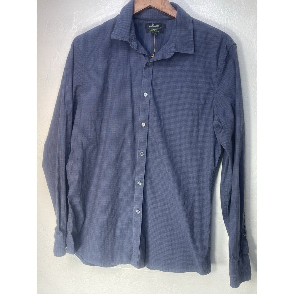 Mark AnthonyDress  Shirt Men's Large Navy Blue Slim Fit Cotton Button Up